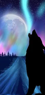 Silhouette of a wolf against aurora-lit sky with a full moon and starry background.