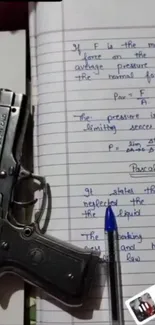 Gun resting on notebook with handwritten notes.