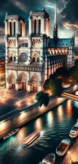 Colorful night view of Notre Dame Cathedral with river.