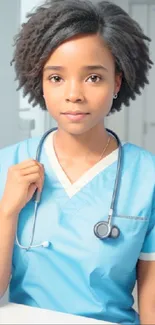 Nurse in blue scrubs with stethoscope in a healthcare setting.