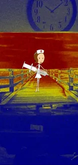 Cartoon nurse on a vibrant pier background.