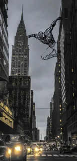 New York City urban street with skyscrapers and evening lights.