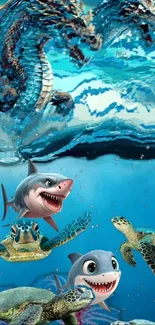 Animated underwater scene with sharks and turtles.