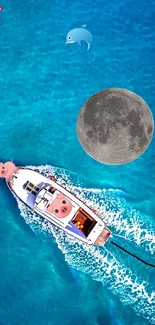 Vibrant ocean wallpaper with boat, moon, and emojis.