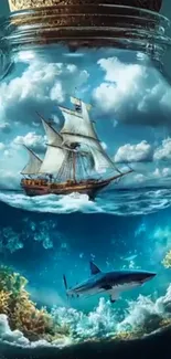 Ship and shark in jar with ocean scene.