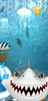 Animated ocean wallpaper with smiling shark and fishes.