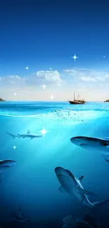 Ocean view with sharks and ship under blue sky.