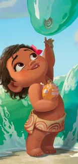 Animated toddler with shell on a beach, surrounded by turquoise waves.