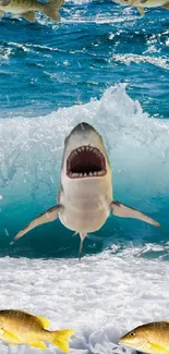 Shark jumps through ocean waves with fish swimming nearby.