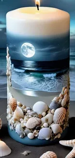 Ocean themed candle with seashells and moonlit waves.