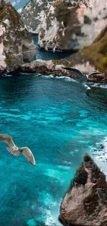 Scenic view of cliffs, turquoise ocean, and seagulls in flight.