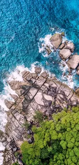 Aerial view of ocean waves crashing on rocky cliffs with lush greenery.