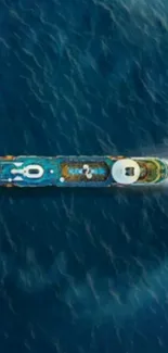 Aerial view of a cruise ship amidst vast blue ocean waters.