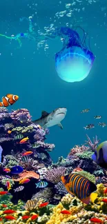 Serene ocean depths with blue water and sky in mobile wallpaper.