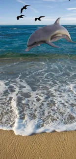 Dolphin leaping over waves on a sandy beach with seagulls in the sky.