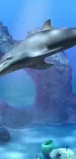 Dolphin swimming in blue ocean background with coral reefs.