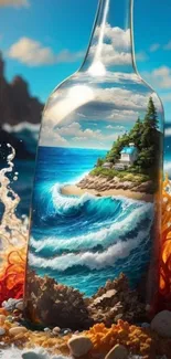 Breathtaking ocean scene in a bottle with vibrant waves and blue skies.