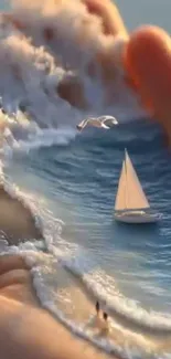 A surreal ocean scene held in hands with a sailboat and waves.