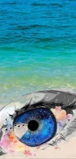 Surreal beach scene with artistic blue eye design.