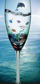 Fantasy ocean scene in a glass on a smartphone wallpaper.