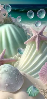 Fantasy seashell ocean wallpaper with pastel colors and starfish.