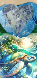 Artistic turtle with ocean waves and heart.