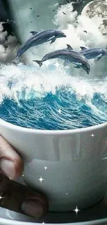 Surreal art with dolphins jumping from a coffee cup ocean under a moonlit sky.