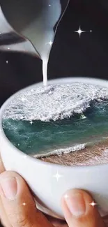 A coffee cup with ocean waves inside, blending art and nature.