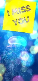 Blue ocean wallpaper with glowing jellyfish and 'I Miss You' note.