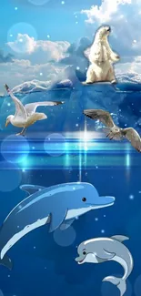 Fantasy wallpaper with ocean life, dolphins, polar bear, and seagulls.