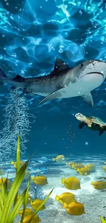 Underwater scene with shark, turtle, and yellow fish in blue ocean.