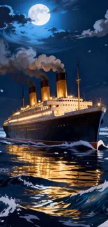 Ocean liner sailing under the moonlit sky with icebergs nearby.