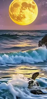 Turtle surfacing under a full moon with ocean waves crashing.