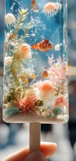 Fantasy ocean popsicle with marine life and coral artwork.