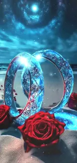 Glowing rings with red roses on a starry ocean beach background.