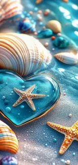 Beach-themed wallpaper with starfish and shells.