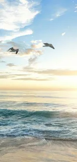 Tranquil ocean sunrise with birds and waves.