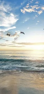 Ocean sunrise with waves and birds flying above in a serene beach setting.