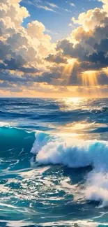 Ocean waves and sunrise under golden clouds create a serene seascape.