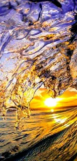 Ocean sunset with a vibrant water splash creating a dynamic, colorful scene.