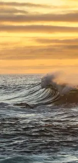 Golden ocean waves at sunset with distant cliffs. Serene and calming wallpaper.