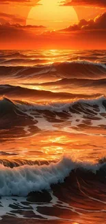 Stunning ocean waves at sunset with an orange sky.