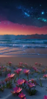 Serene ocean sunset with flowers and starry night sky.