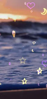 Ocean sunset wallpaper with stars and hearts.