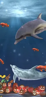 Dolphins swim in a vibrant ocean scene with pumpkins and flowers.