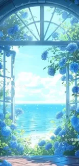 Ocean view through floral archway with blue flowers.