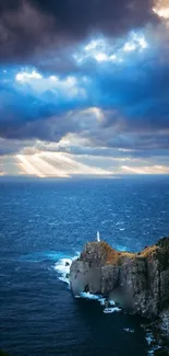 Ocean view with lighthouse under dramatic sky.