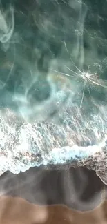 Aerial view of ocean waves touching the beach with stunning textures and colors.