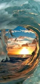 Ocean wave with sunset view through wave tunnel, capturing nature's beauty.