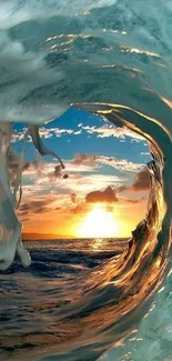 Ocean wave frames a vibrant sunset over the sea.